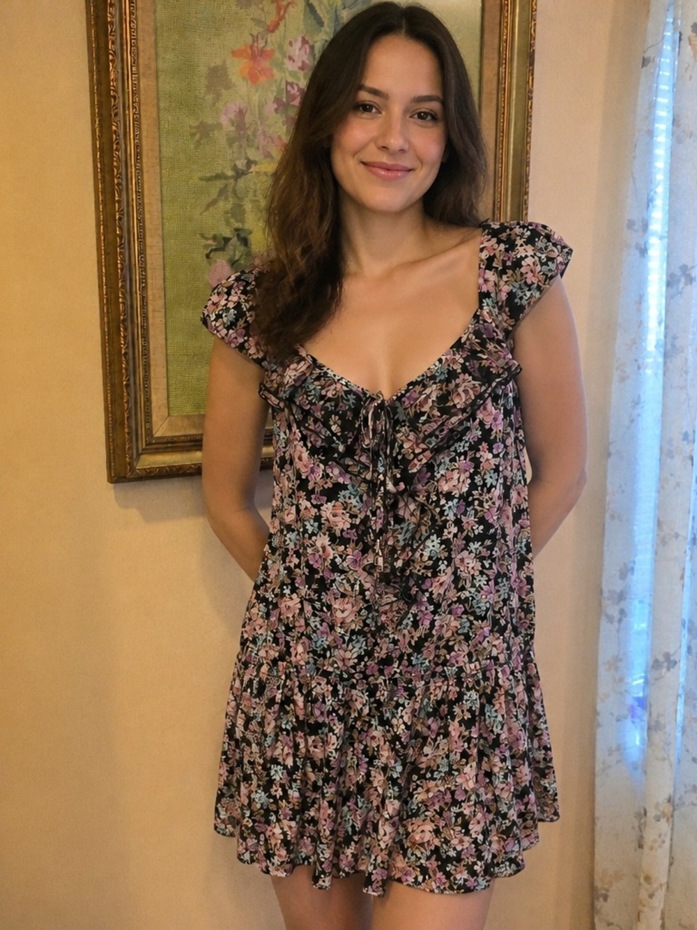 Guess Black Floral Ruffle Chemise with Pink and Lilac Blossoms